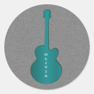 Striped Guitar Round Stickers, Turquoise Classic Round Sticker