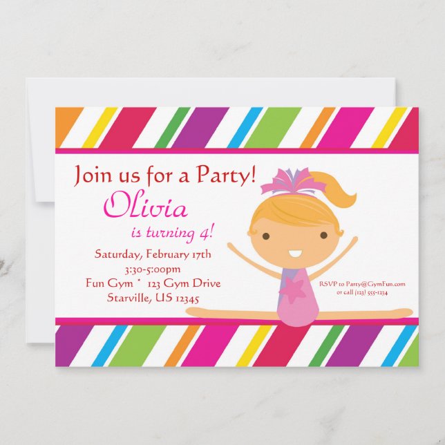 Striped Gymnast Birthday Party Invitation (Front)