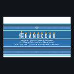 Striped Hanukkah Candles Rectangular Sticker<br><div class="desc">A menorah is rendered using typography on this striped Hanukkah sticker. The word "Happy" is on its side serving as the Shamash, while the other letters spelling out "Hanukkah" serve as the eight Hanukkah candles. The blue tonal striped background is reminiscent of a tallit. Add a personal message below. Great...</div>