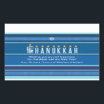 Striped Hanukkah Candles Rectangular Sticker<br><div class="desc">A menorah is rendered using typography on this striped Hanukkah sticker. The word "Happy" is on its side serving as the Shamash, while the other letters spelling out "Hanukkah" serve as the eight Hanukkah candles. The blue tonal striped background is reminiscent of a tallit. Add a personal message below. Great...</div>