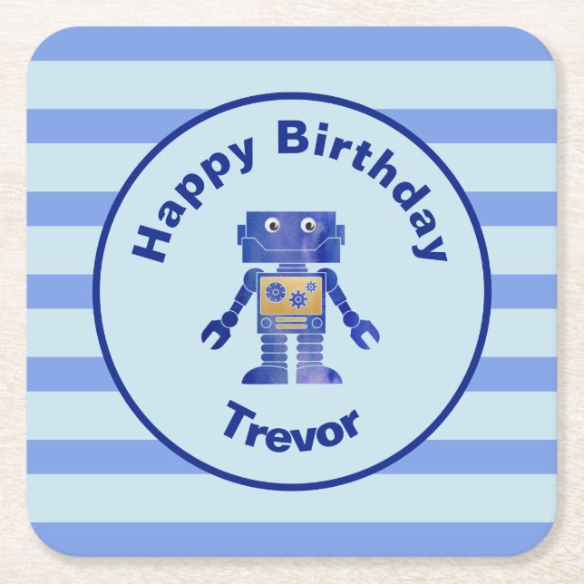Striped Happy Birthday Blue Gold Robot with Name Square Paper Coaster (Front)