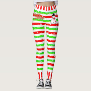 Striped Happy Festive with Snowman and Snowflakes Leggings