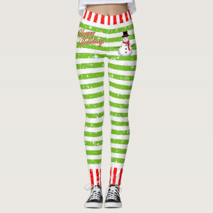 Striped Happy Festive with Snowman and Snowflakes Leggings