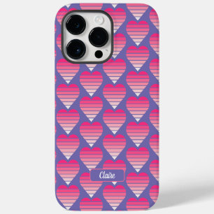 Striped Hearts Pattern Pink Magenta Purple Name iPhone 14 Pro Max Case