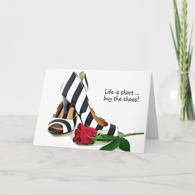 striped high heels with red rose birthday card (Front)