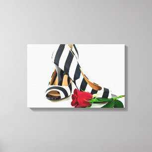 striped high heels with red rose canvas print
