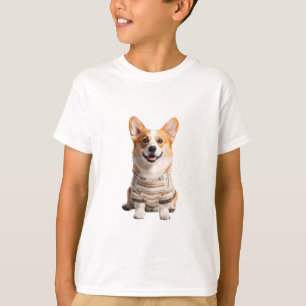 Striped Hoodie Wearing Happy Corgi Kids T-Shirt