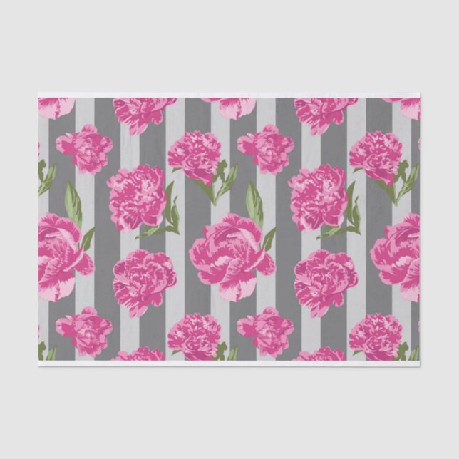Striped Hot Pink Peony Seamless Pattern Tissue Paper (Front)