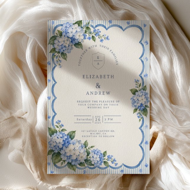 Striped Hydrangea Scalloped Wedding Invitation (Creator Uploaded)