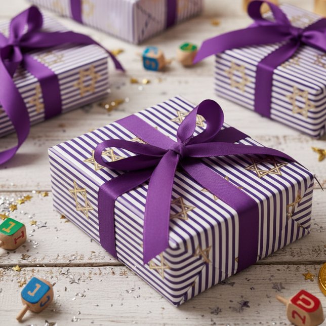Striped Indigo Jewish Gold Star of David Wrapping Paper (Elegant Jewish Star of David Striped Indigo & White Pattern for Hanukkah, Bat Mitzvah, Mazel Tov)