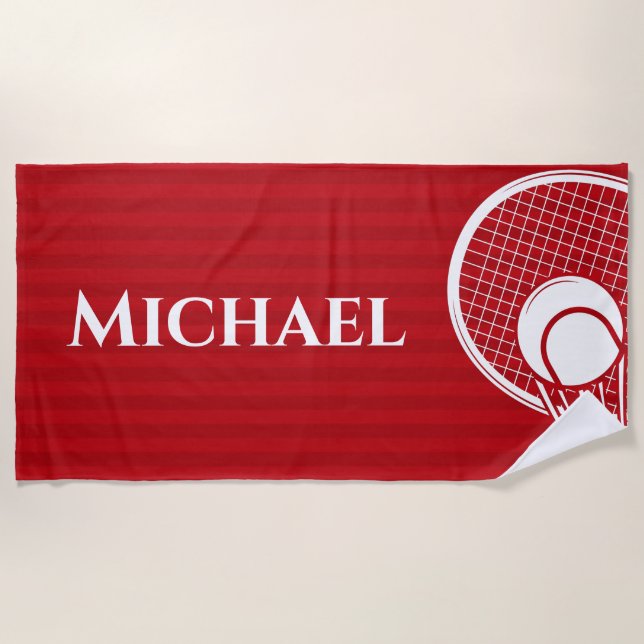 Striped Intense Red Tennis Racket & Ball Elegant  Beach Towel (Front)