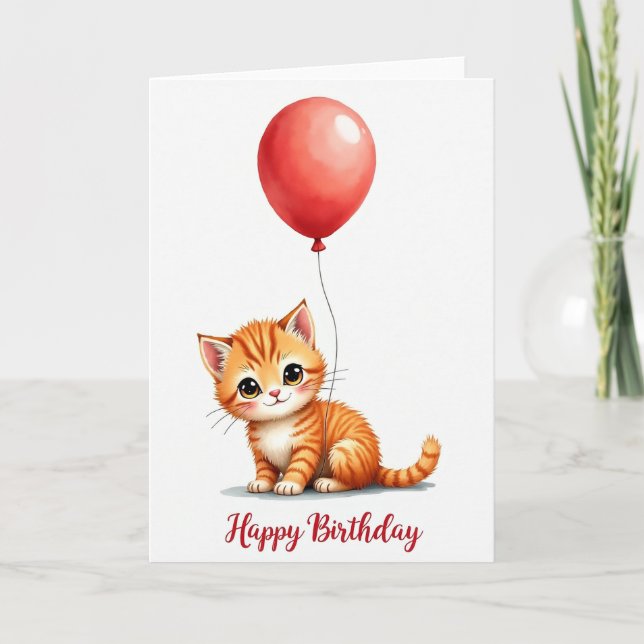 Striped Kitten Balloon Birthday Card (Front)