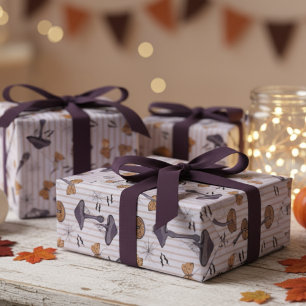 Striped Lavender Halloween Mushroom and Butterfly Wrapping Paper