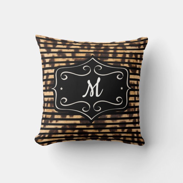 Striped Leopard Print Monogram Pillow (Front)