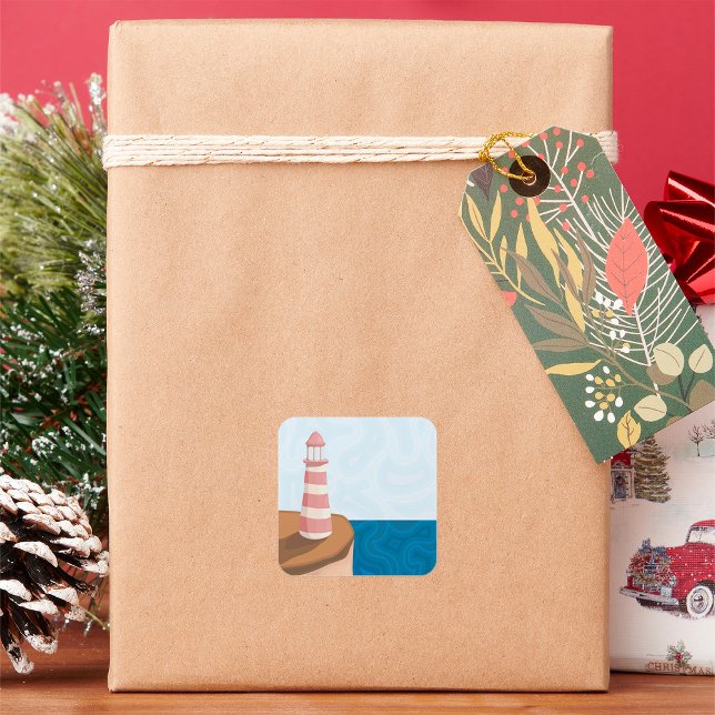 Striped Lighthouse Landscape Square Sticker (Creator Uploaded)