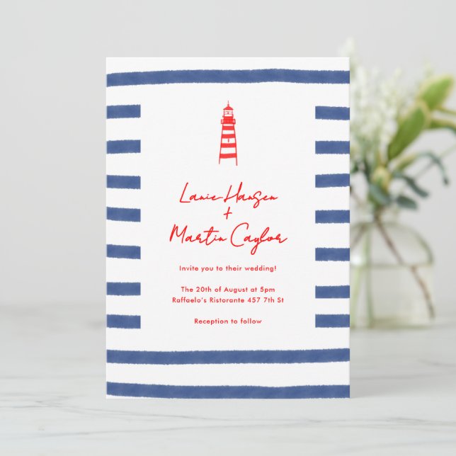 Striped Lighthouse Red Blue East Coast Wedding Invitation (Standing Front)