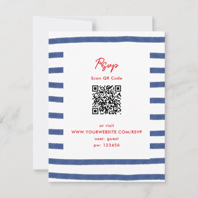 Striped Lighthouse Red Blue East Coast Wedding RSVP Card (Front)