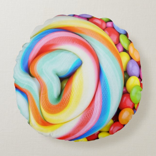 Striped Lollipop And Multicolored Smarties Round Cushion (Front)
