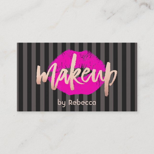 Striped Makeup Artist Rose Gold Pink Lips Kiss Business Card (Front)