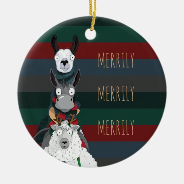 Striped "Merrily Merrily Merrily" Winter Animals Ceramic Tree Decoration (Front)