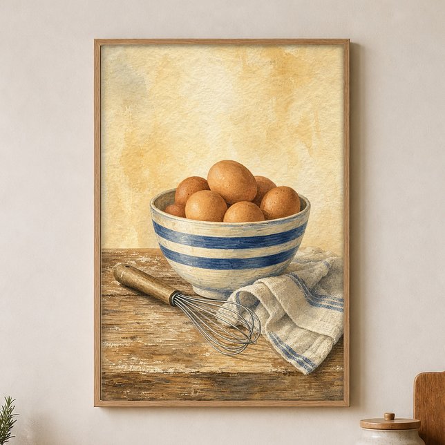 Striped Mixing Bowl with Eggs Watercolour Poster (Shown framed for scale. Poster ships unframed; frames are an optional add-on.)
