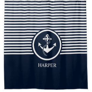 Striped, Modern, Nautical, Elegant, Monogram, Shower Curtain