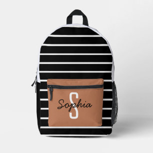 striped monogram hand script name black caramel printed backpack