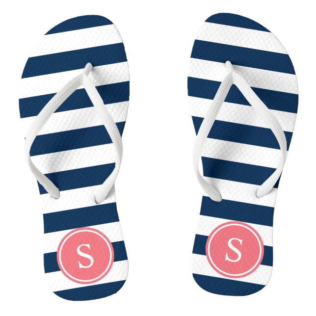 Striped Monogram in Coral & Navy Jandals (Footbed)