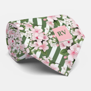 Striped Monogrammed Cherry Blossom Floral Tie
