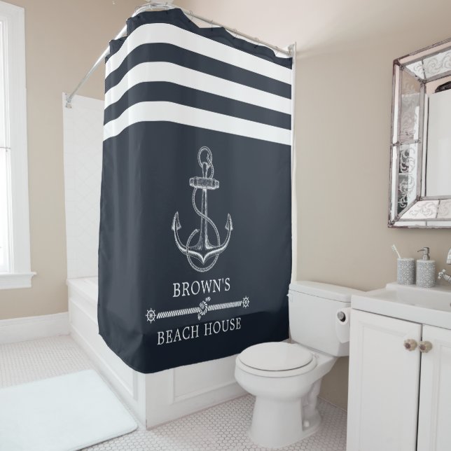 Striped Nautical Anchor Family Name Beach or Lake Shower Curtain (In Situ)