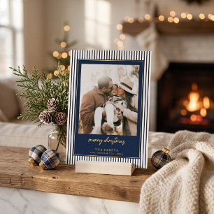 Striped Navy Blue Merry Christmas Photo