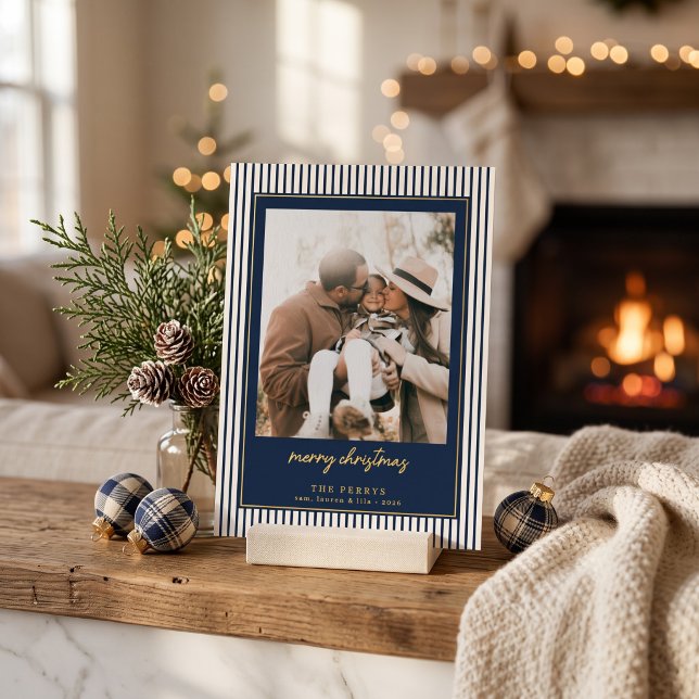 Striped Navy Blue Merry Christmas Photo (Creator Uploaded)