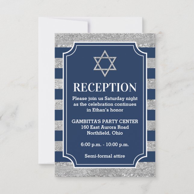 Striped Navy, Grey Bar Mitzvah Party Card (Front)