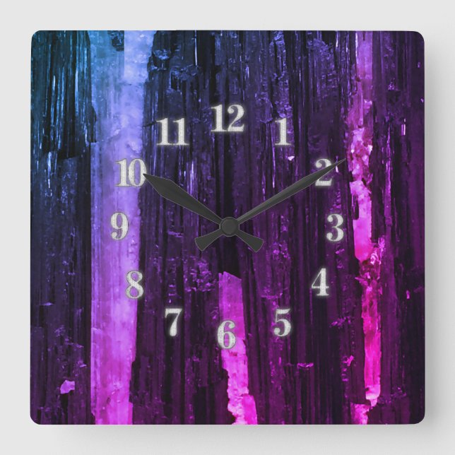 Striped Neon Pink and Purple Abstract Modern Square Wall Clock (Front)