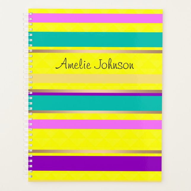 striped, neon, yellow, pink, turquoise planner (Front)