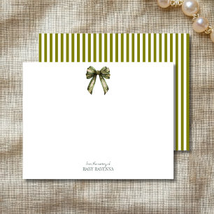 Striped Olive Green Bow Cute Nursery Note Card