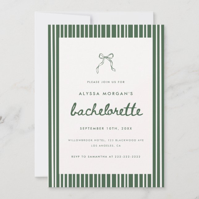 Striped Olive Green Coquette Bow Bachelorette Invitation (Front)