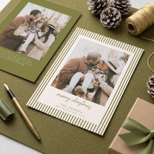 Striped Olive Green Merry Christmas Photo Holiday Card