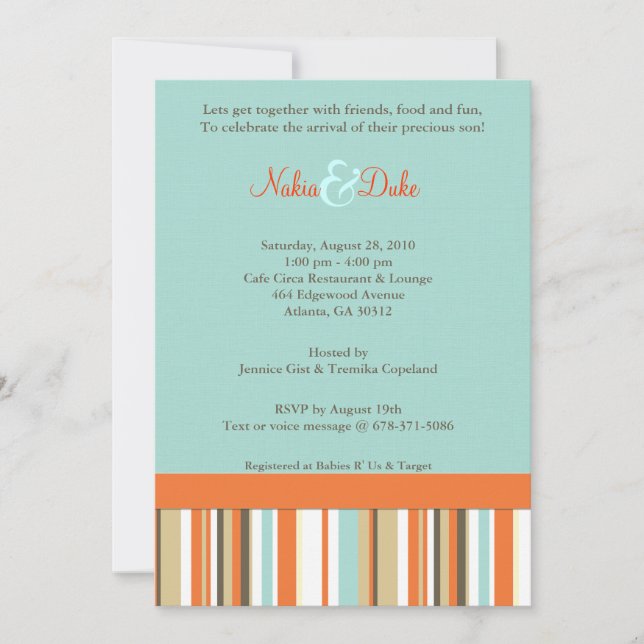 Striped orange and blue babyshower invitation (Front)