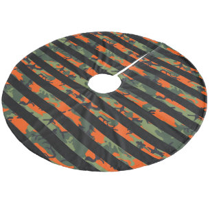 Striped Orange, Light Dark Green Black Camouflage Fleece Tree Skirt