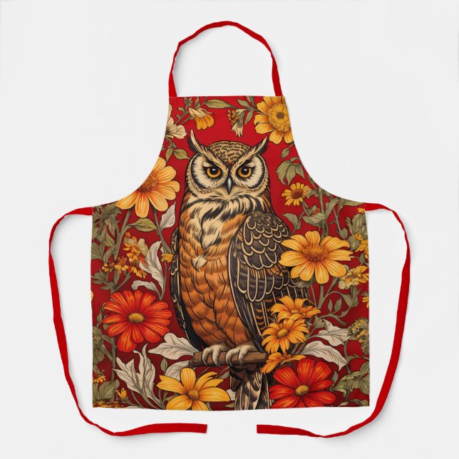 Striped Owl And Zinnia Flowers Apron (Front)