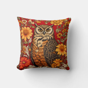 Striped Owl And Zinnia Flowers Cushion
