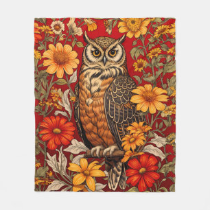 Striped Owl And Zinnia Flowers Fleece Blanket