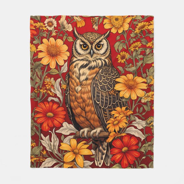 Striped Owl And Zinnia Flowers Fleece Blanket (Front)