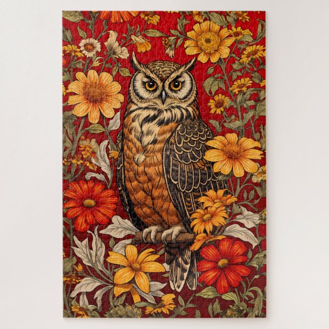 Striped Owl And Zinnia Flowers Jigsaw Puzzle (Vertical)