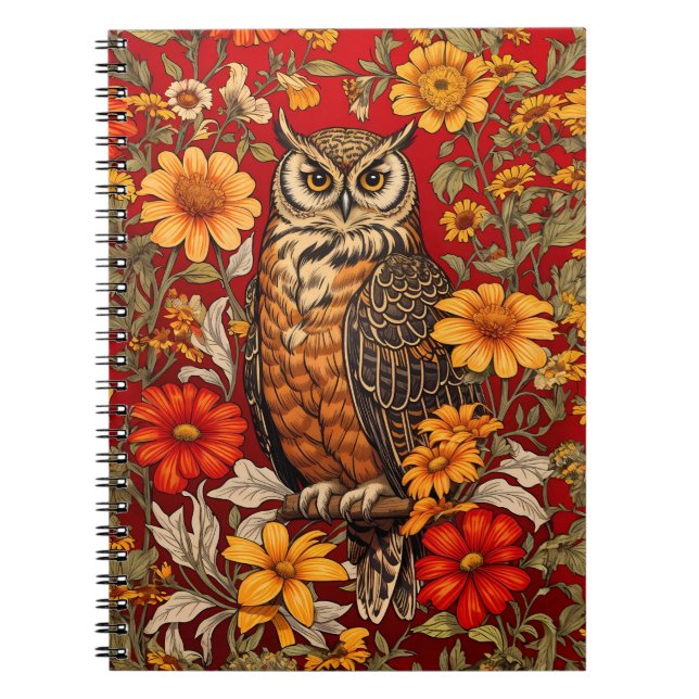 Striped Owl And Zinnia Flowers Notebook (Front)
