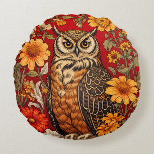 Striped Owl And Zinnia Flowers Round Cushion