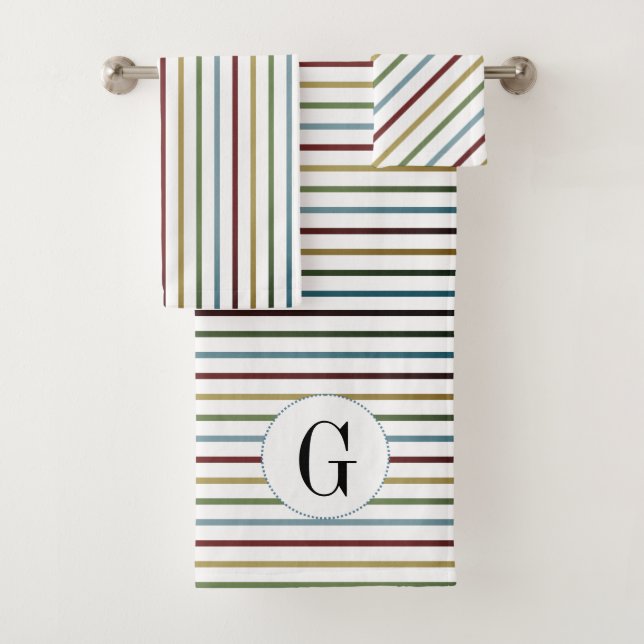 Striped pattern and monogram bathroom towel set (Insitu)