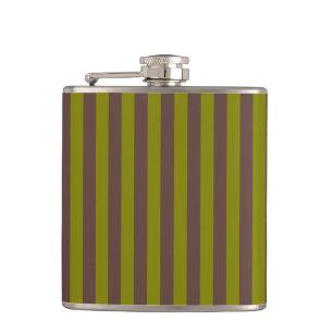 Striped pattern in chocolate brown and olive green hip flask