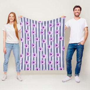 Striped Pattern with Purple Daisies Fleece Blanket